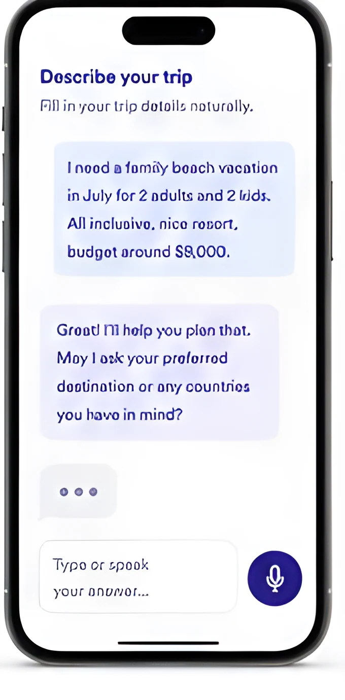 AI chat collecting trip details on a phone