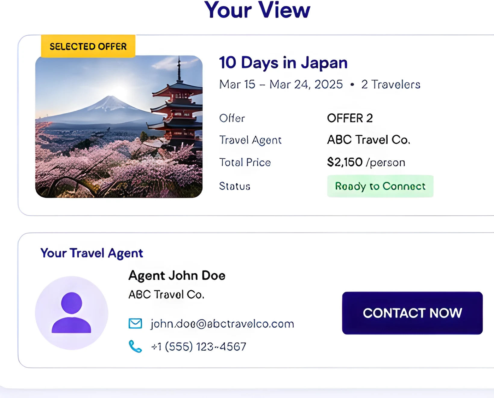 Selected offer card with travel agent contact details
