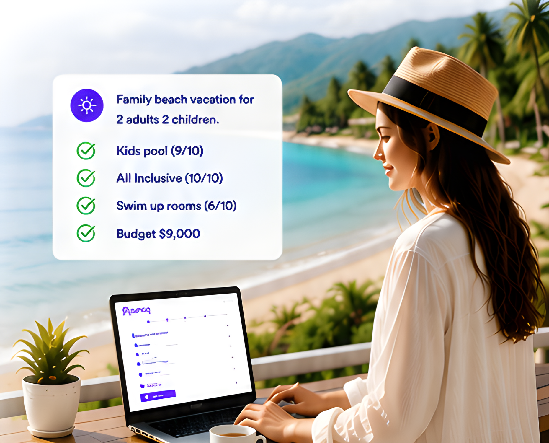 Traveler planning a family beach vacation on a laptop, with a sample trip request card
